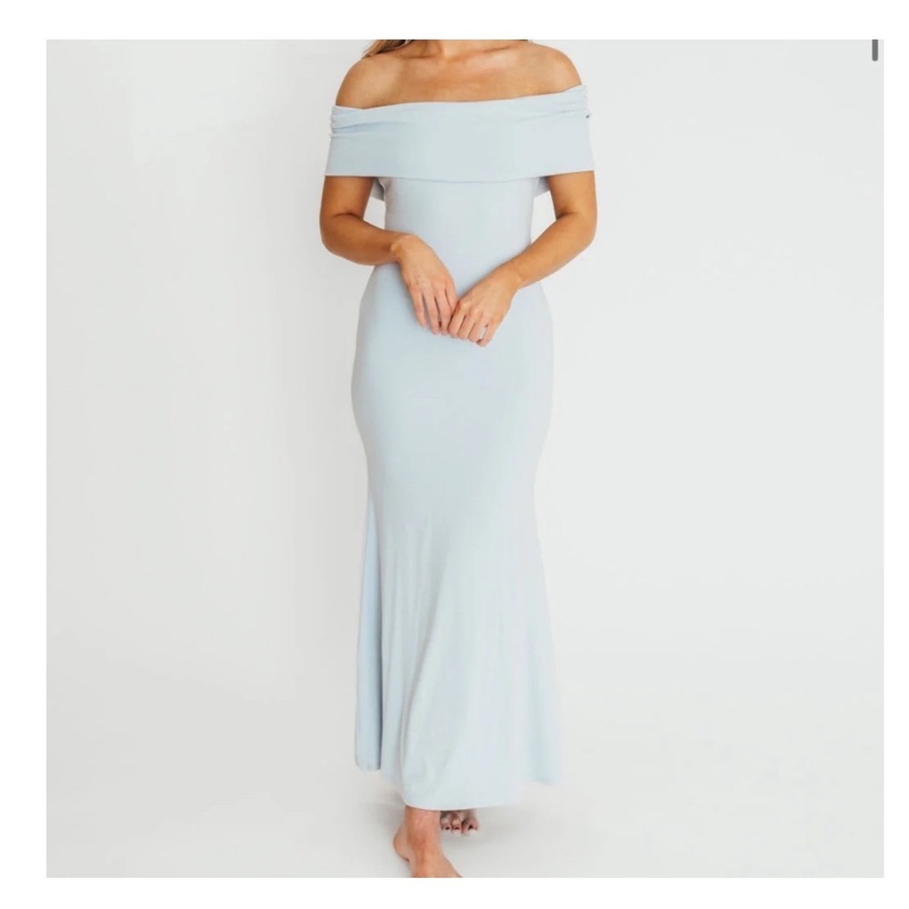 Worth Collective Monroe Dress Blue Off Shoulder Maternity Maxi Size Medium NEW